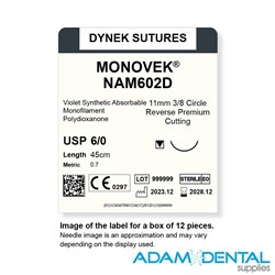 MONOVEK (DYED) 6/0 X 45CM 11MM 3/8 CIRC RVRS PREM CUT 12pk