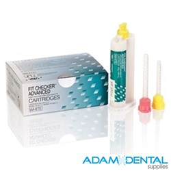 GC FIT CHECKER Advanced White cartridges 62g x 2 and 6 mixing tips for high-contrast fit checking and occlusal registration in dental clinics