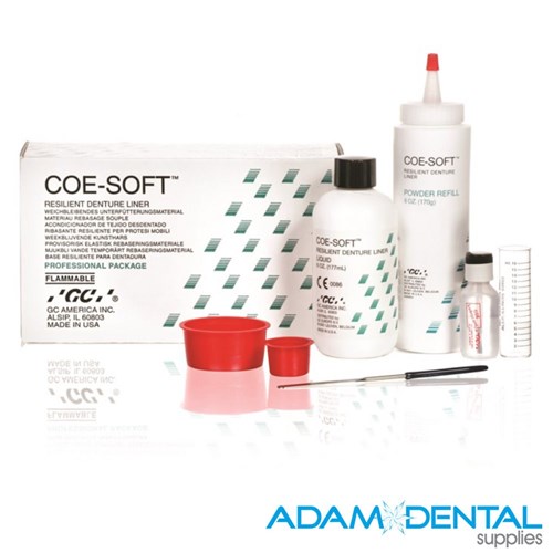 GC COE-SOFT Professional Pack Powder 170g and Liquid 177ml soft denture relining material for resilient cushioning and improved denture fit.